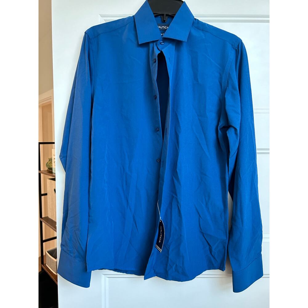 Nautica Alyssa Blue Solid Button Down Shirt- size small 14-14.5